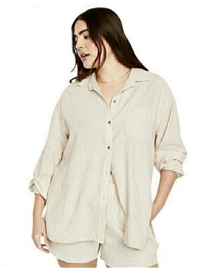 Old Navy Womens Linen-Blend Button-Down Boyfriend Shirt 2X Natural Linen